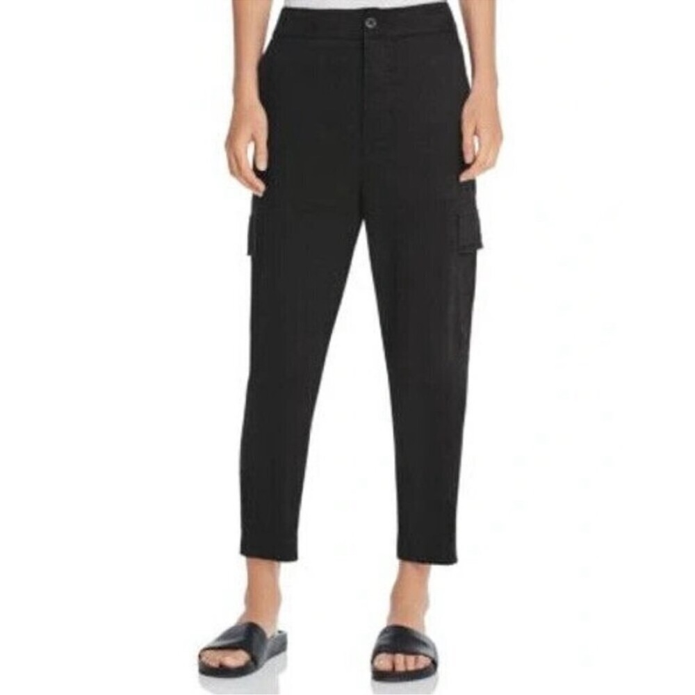 Vince black cargo pockets ankle elastic waist band M linen blend zipper pants